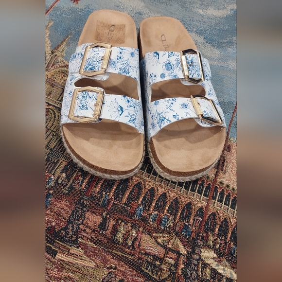 CL by Laundry Shoes - CL by Laundry Blue Floral Sandals with Gold Accents